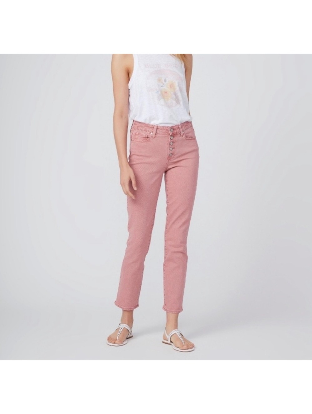 PAIGE High Rise Cindy Button Fly Vintage Soft Rose Straight Skinny Ankle Jeans